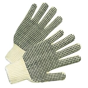 Medium Weight Seamless String-Knit Gloves w/Single-Sided PVC Dot Grips, Men’s, Knit Wrist, Natural White/Black PVC Dots