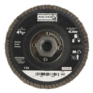 Abrasive Flap Disc, 4-1/2 in, 40 Grit, 5/8 in – 11 Arbor, 13,000 rpm, Angled