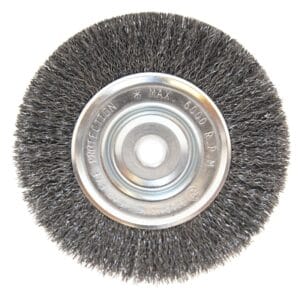 Light Duty Crimped Wheel Brush, 6 dia x 1/2 W, 0.014 Carbon Steel, 5/8 in – 1/2 in