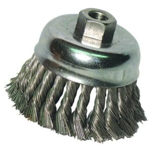 Knot Wire Cup Brush, 2-3/4 in dia, 5/8 in-11 Arbor, 0.020 in Stainless Steel